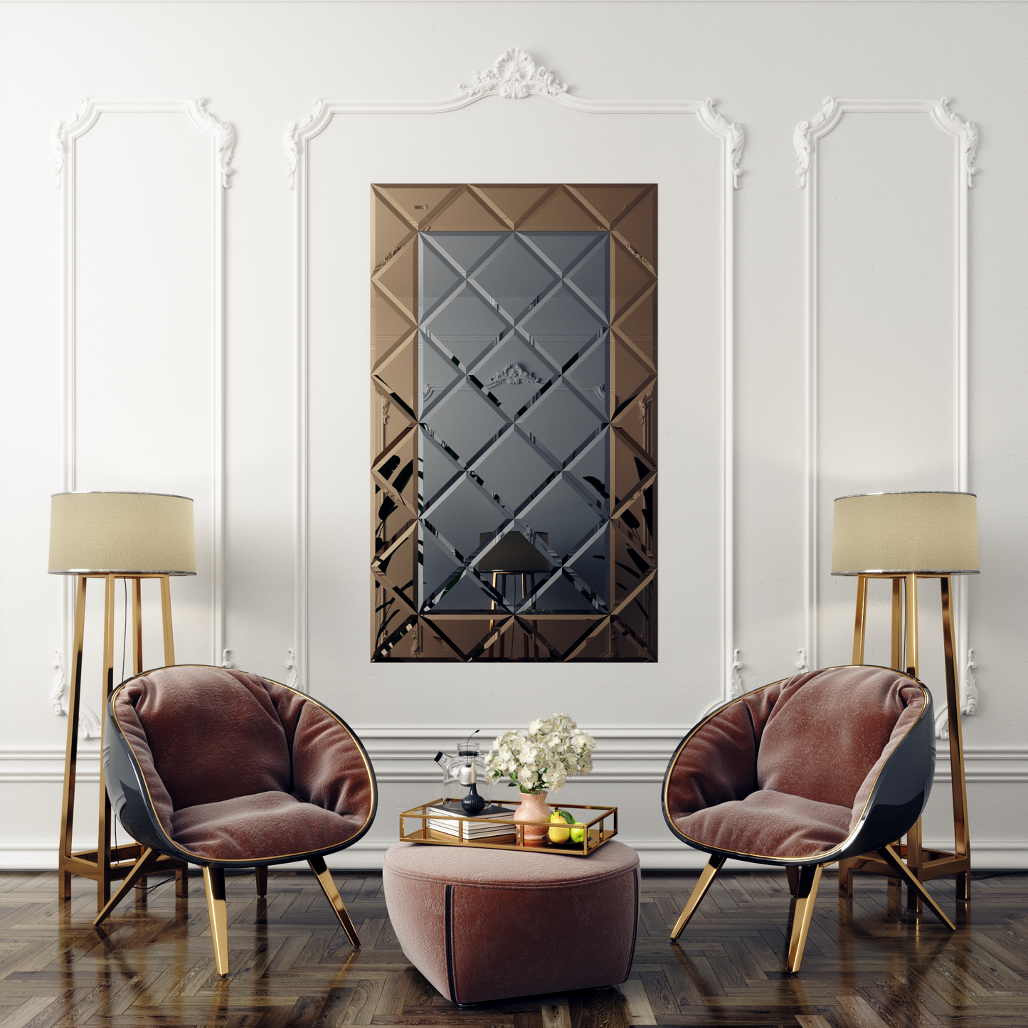 Faceted Mirror 1125 x 1875 Grey with Bronze Perimeter