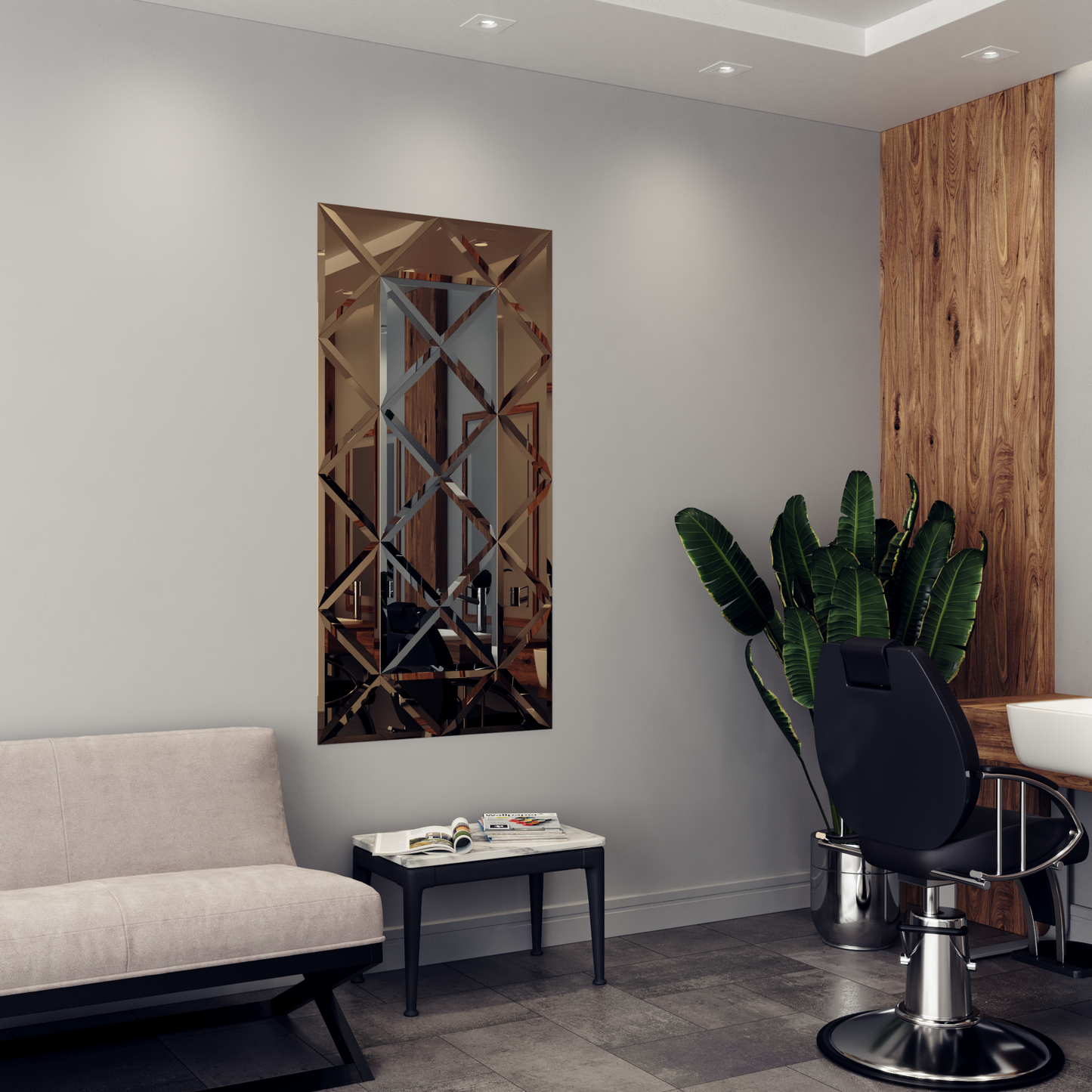 Faceted Mirror 750 x 1500 Gray with Bronze Perimeter