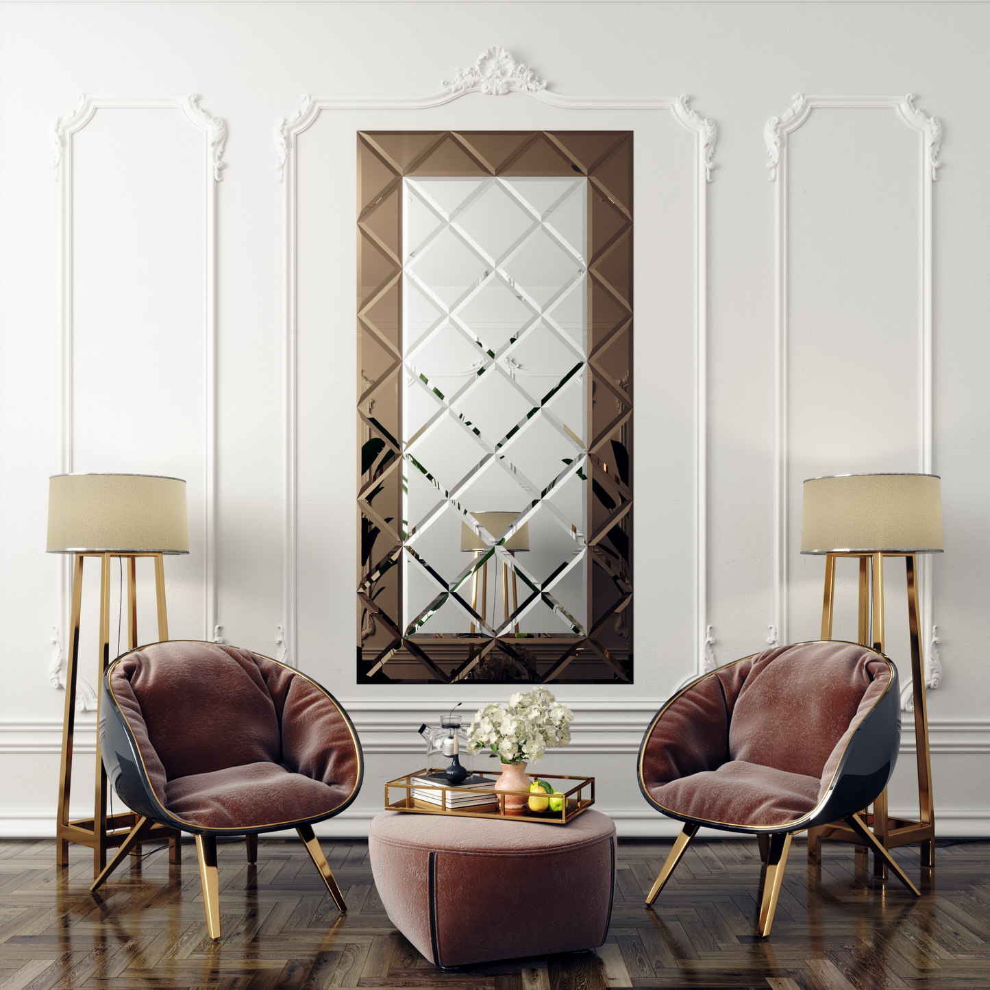 Faceted Mirror 1125 x 2250 Silver with Bronze Perimeter