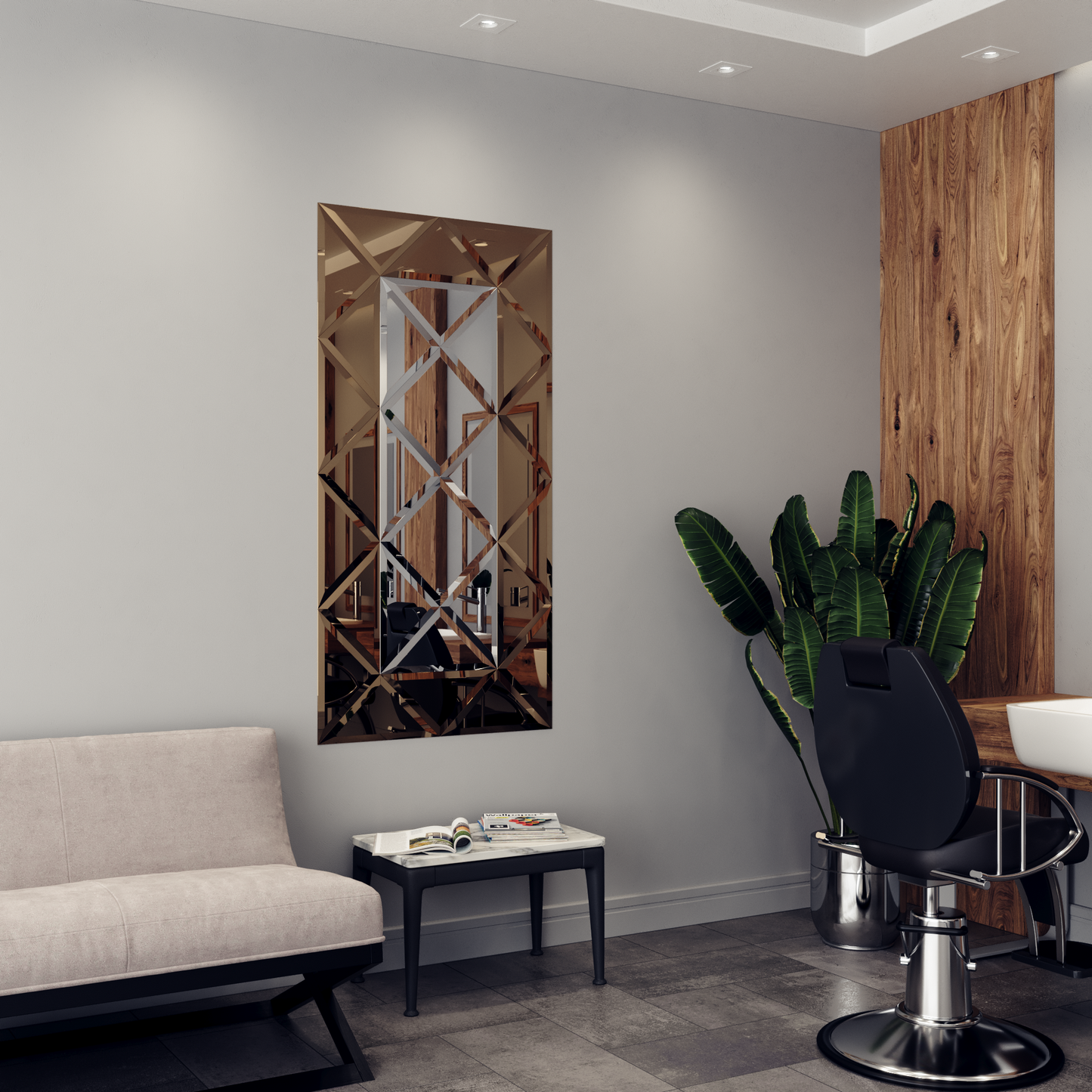 Faceted Mirror 750 x 1500 Silver with Bronze Perimeter