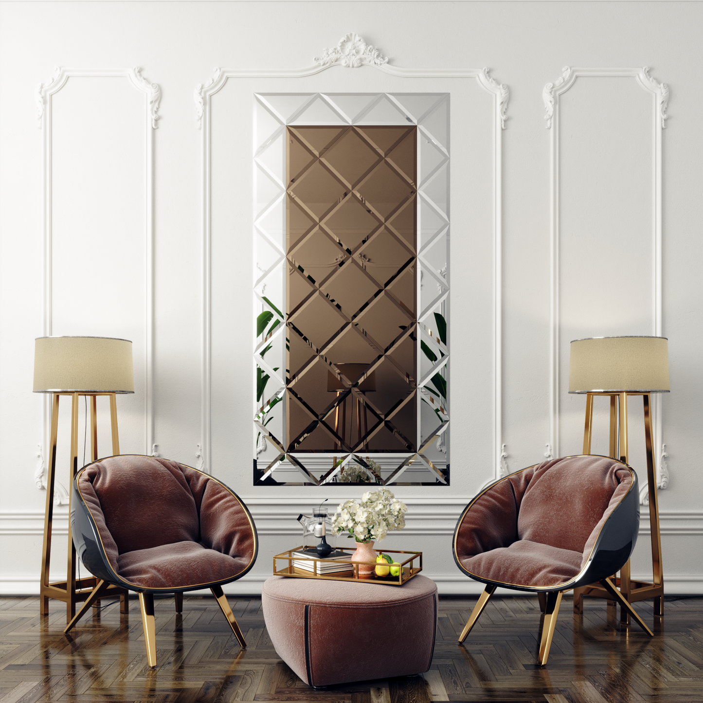 Faceted Mirror 1125 x 2250 Bronze with Silver Perimeter