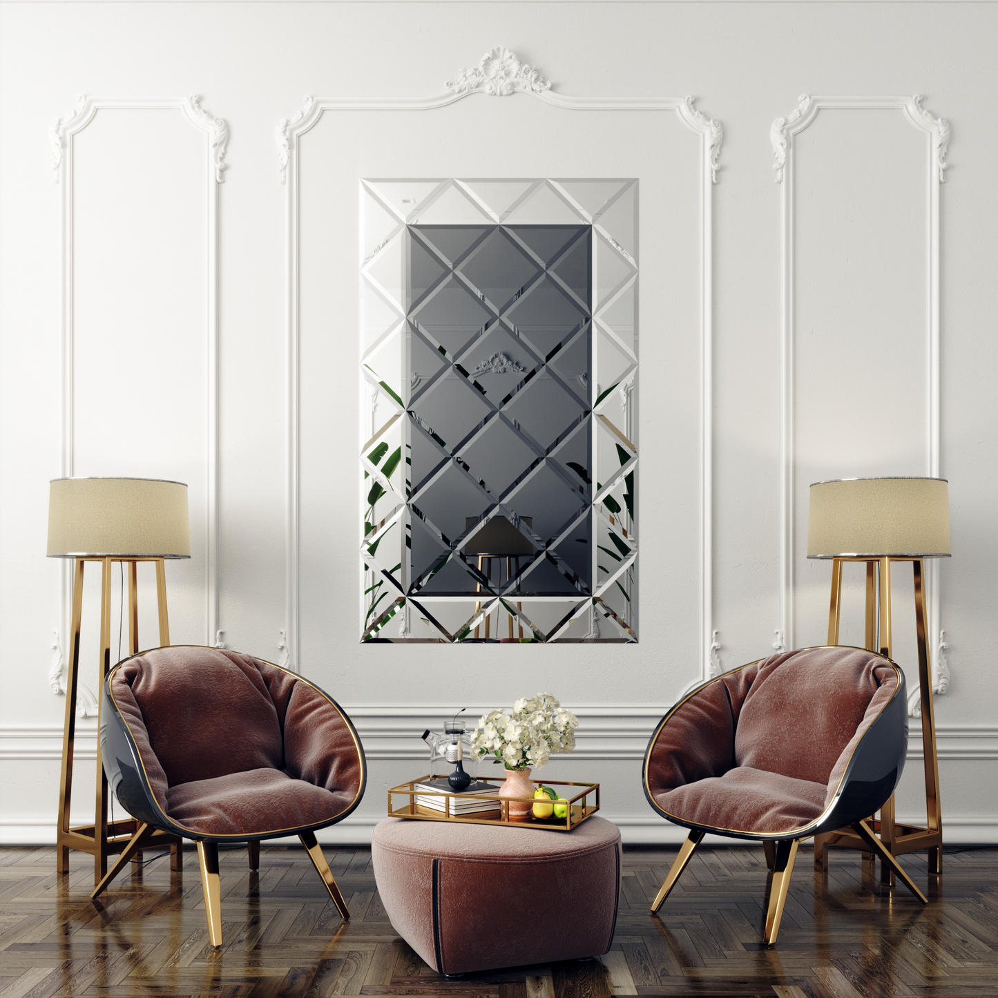 Faceted Mirror 1125 x 1875 Grey with Silver Perimeter